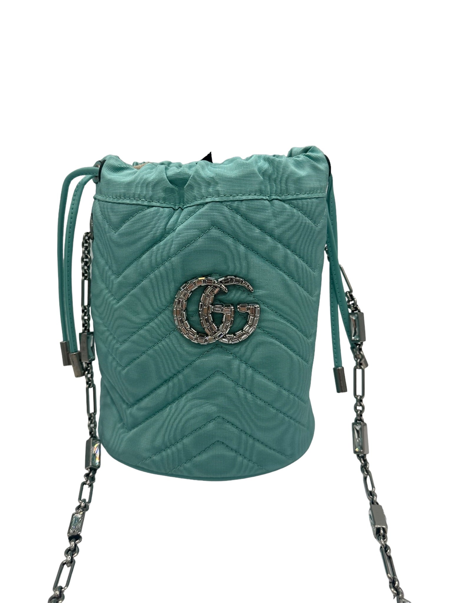Bolso tipo cubo de piel de becerro con cristales y tejido GG Moire de segunda mano