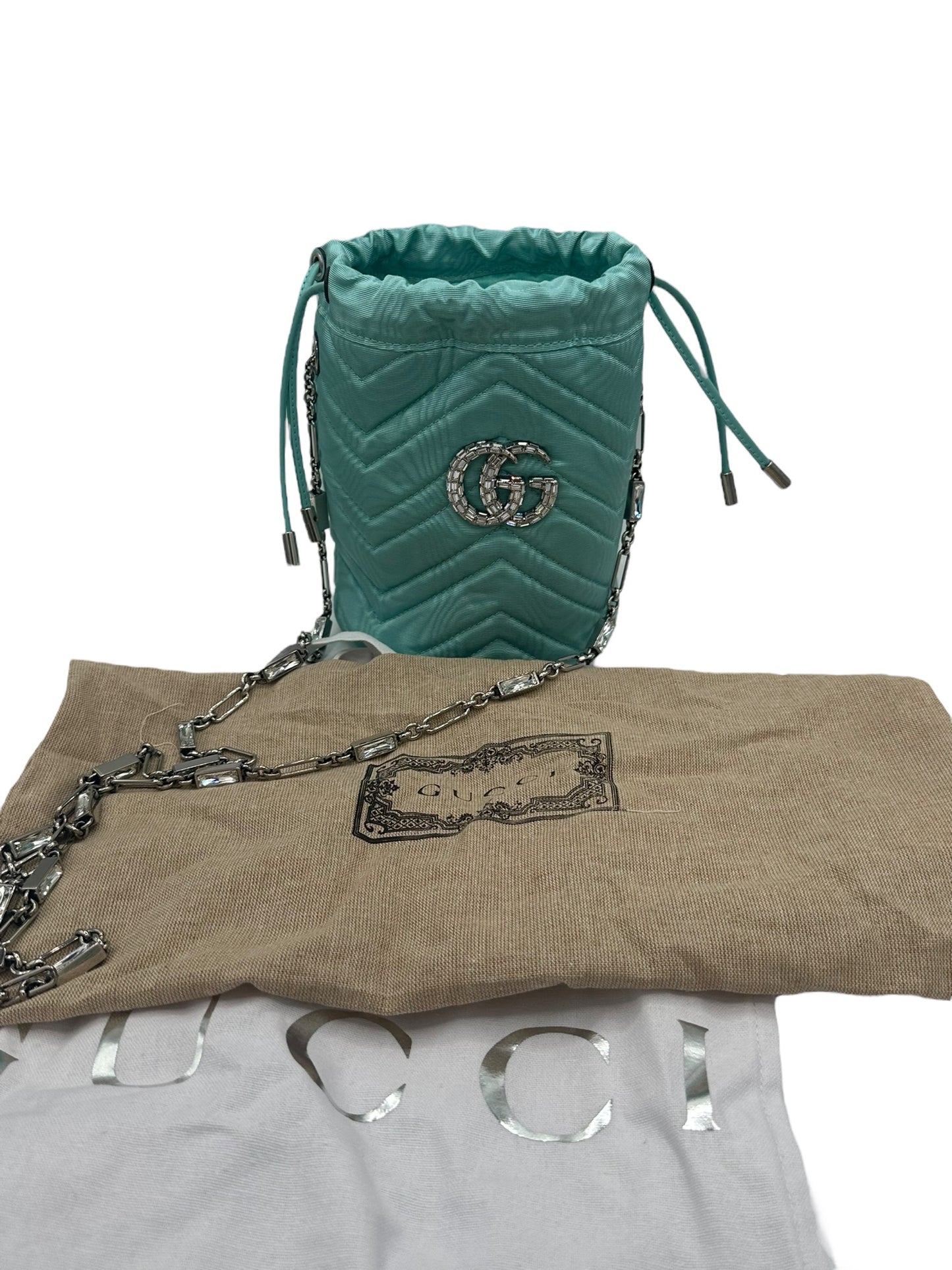 GUCCI - Moire Fabric Calfskin Crystal Matelasse Bucket Bag