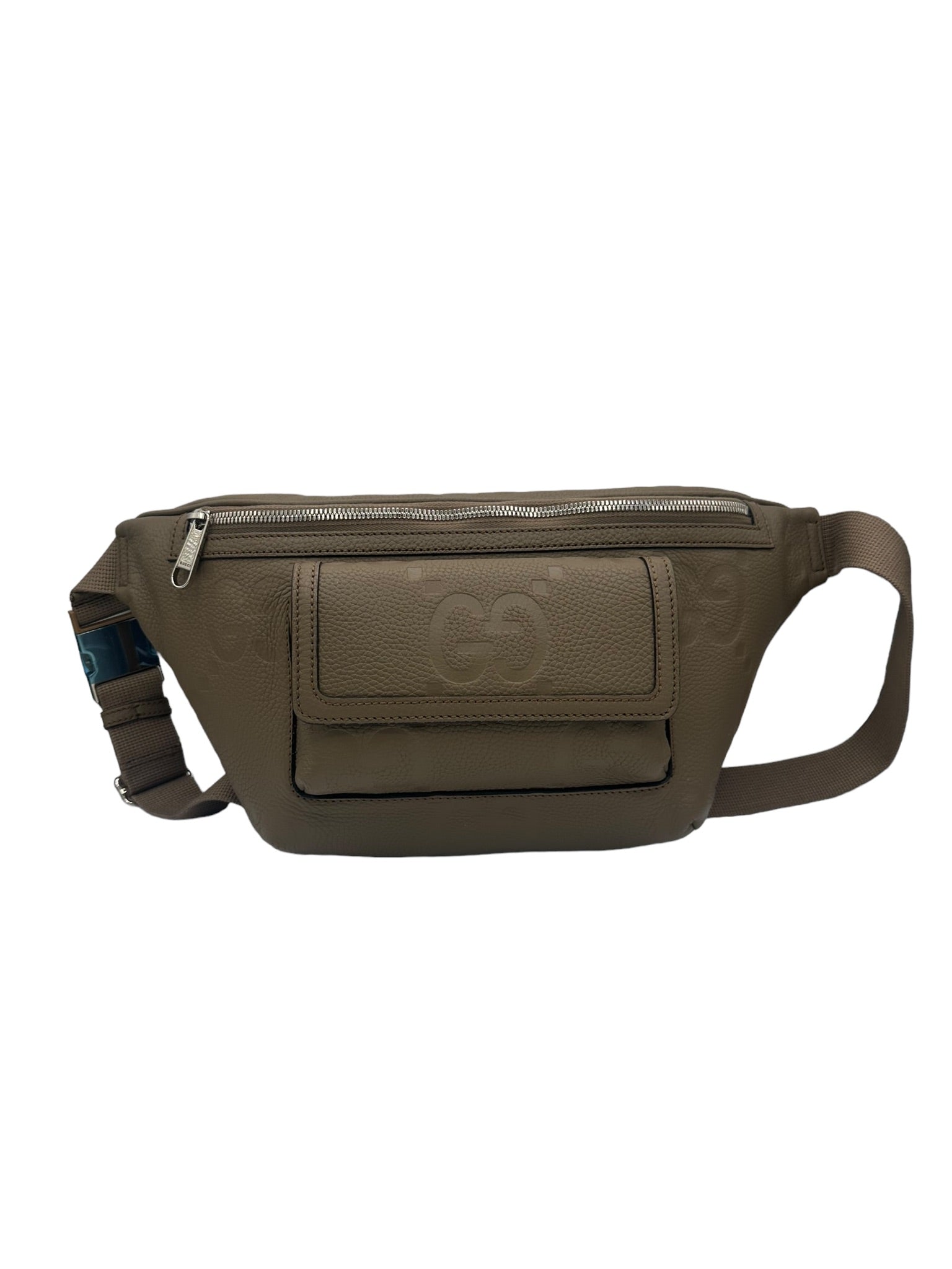 GUCCI - Riñonera de piel de becerro color topo con GG en relieve en el bolsillo y diseño jumbo