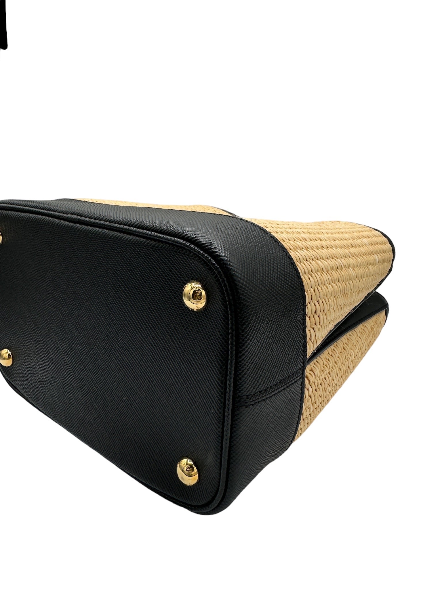 PRADA - Panier Handbag Beige Black Straw Saffiano Leather