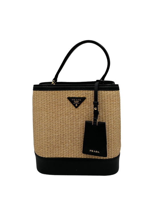 PRADA - Panier Handbag Beige Black Straw Saffiano Leather