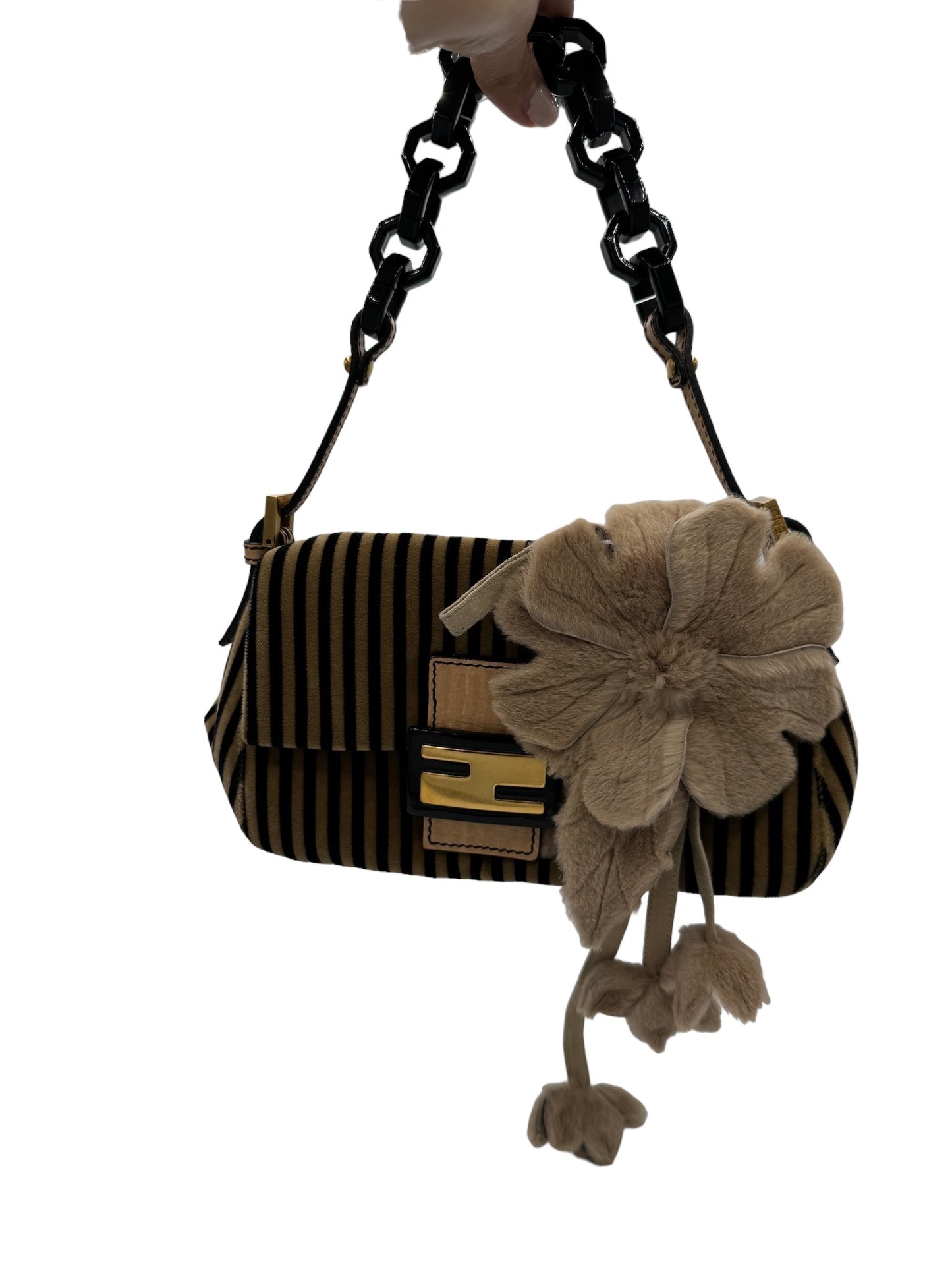 FENDI - Mama Bucket Handbag Dark Brown and Beige Velour Fur