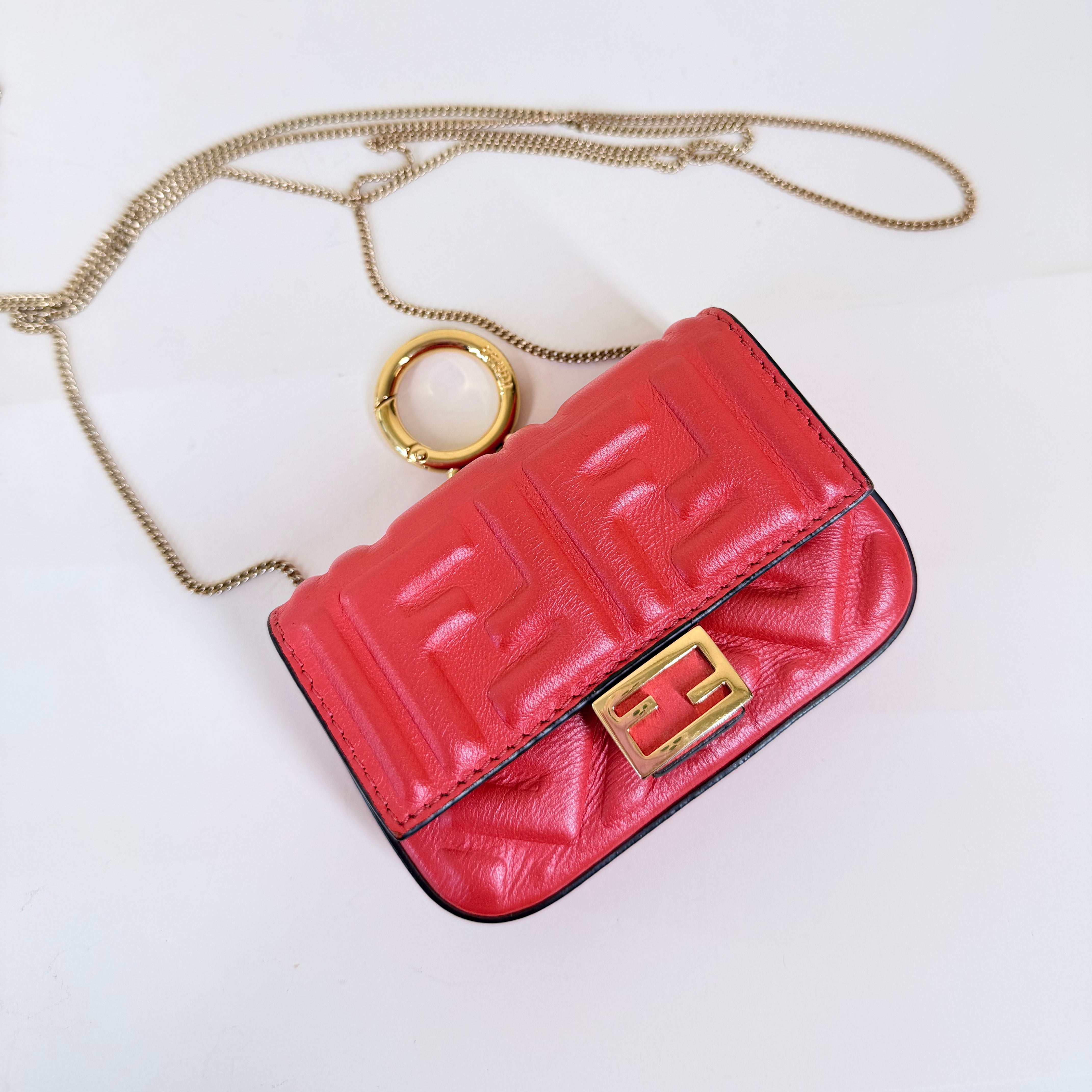 PRE-OWNED Nappa Matisse FF Embossed Nano Baguette Charm Lampone