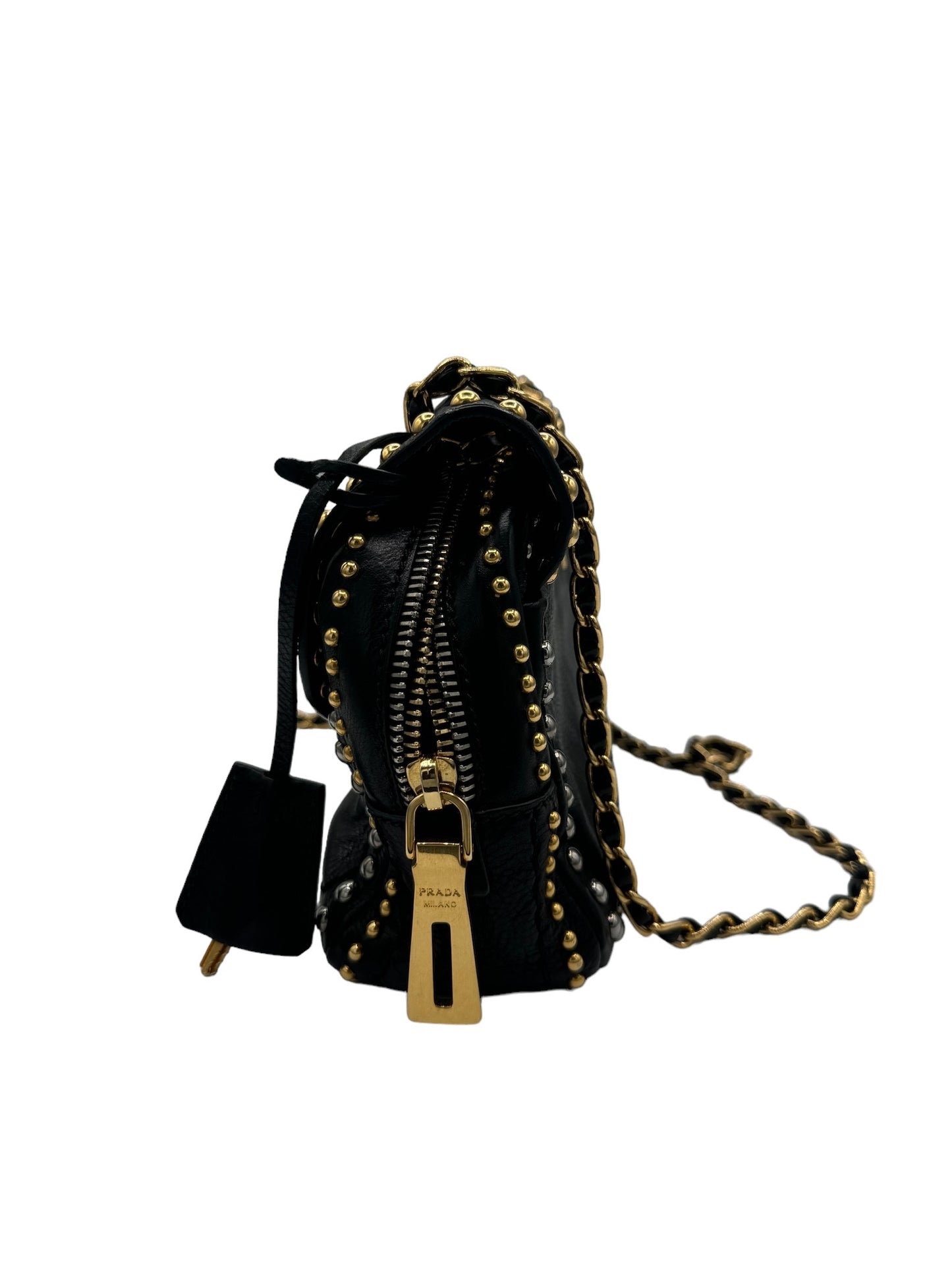 PRADA - Black Studded Leather Shoulder Bag