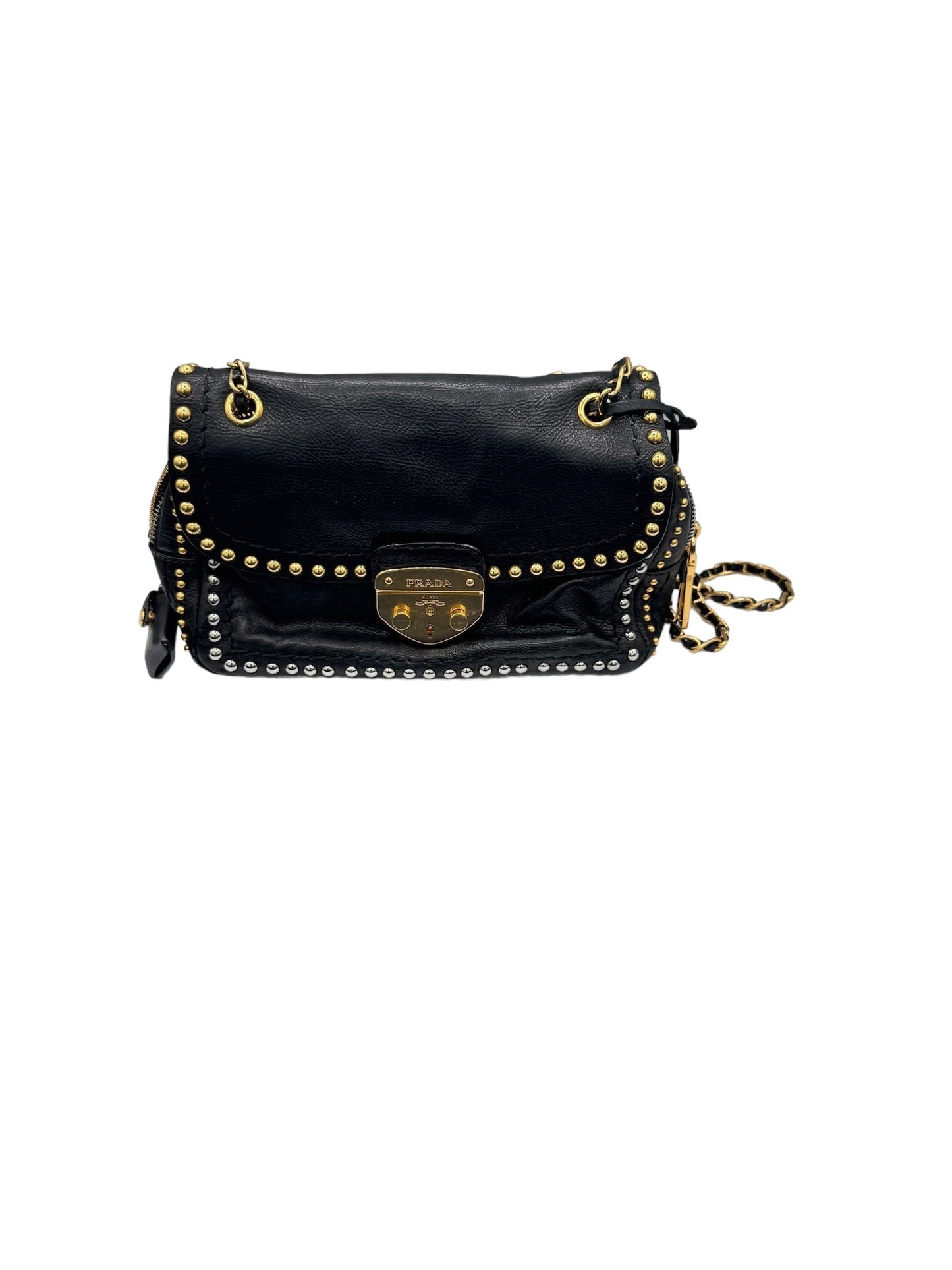 PRADA - Black Studded Leather Shoulder Bag