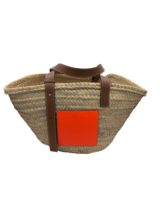 LOEWE - Basket Tote Bag Natural Dark Brown Orange Palm Leaf Calf Leather