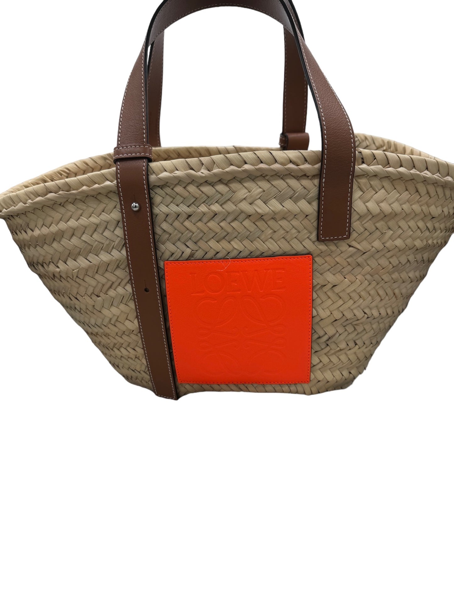 PRE-OWNED Basket Tote Bag Natural Dark Brown Orange Palm Leaf Calf Leather