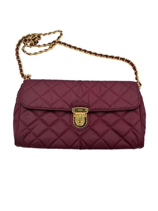 PRADA - Bordeaux Nylon Shoulder Bag Golden Toned Hardware