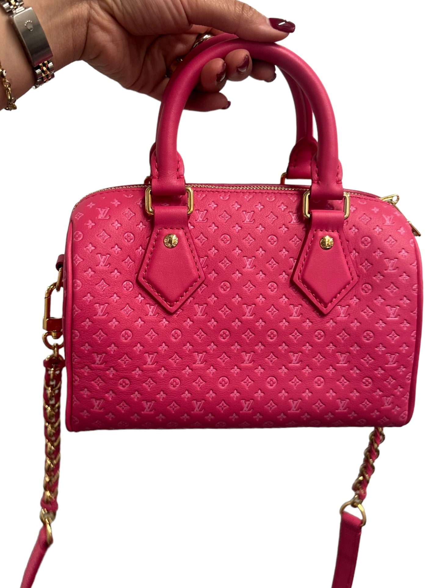 LOUIS VUITTON - Rose Calfskin Nanogram Speedy Bandouliere 20