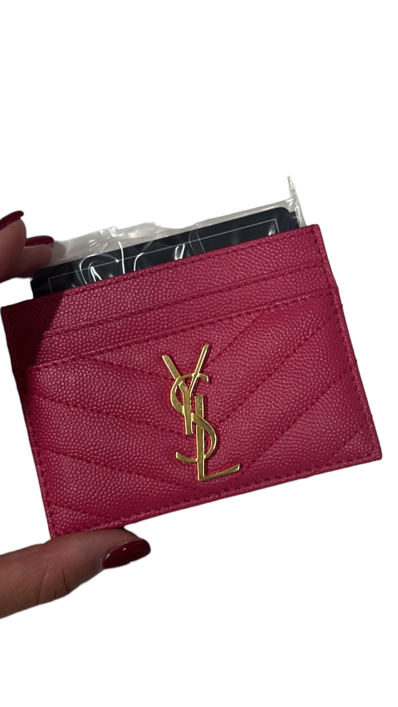 SAINT LAURENT - Fuchsia Grain De Poudre Cassandre Card Case