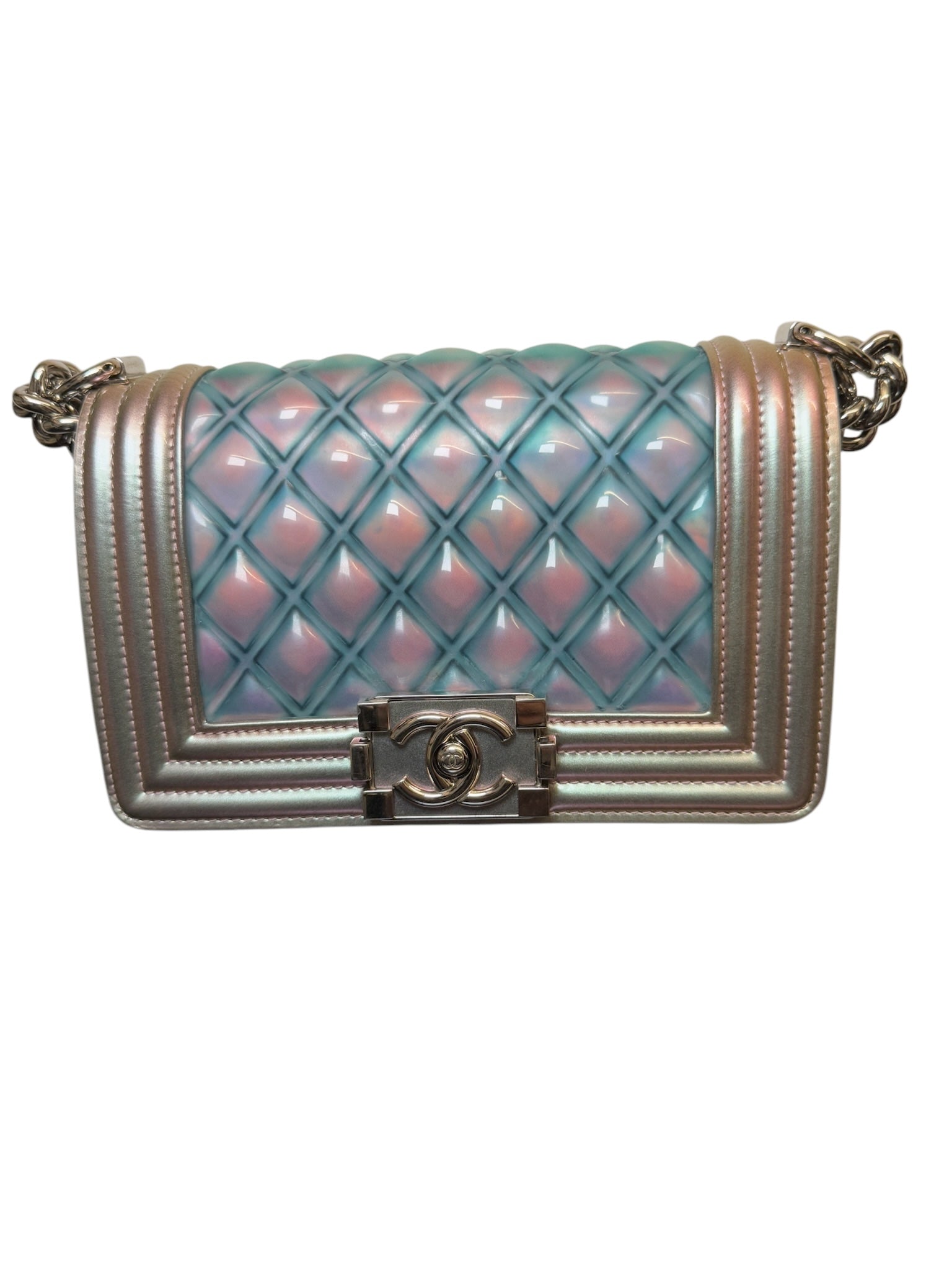 Bolso pequeño para niño de PVC con acolchado iridiscente en color morado claro CC USADO