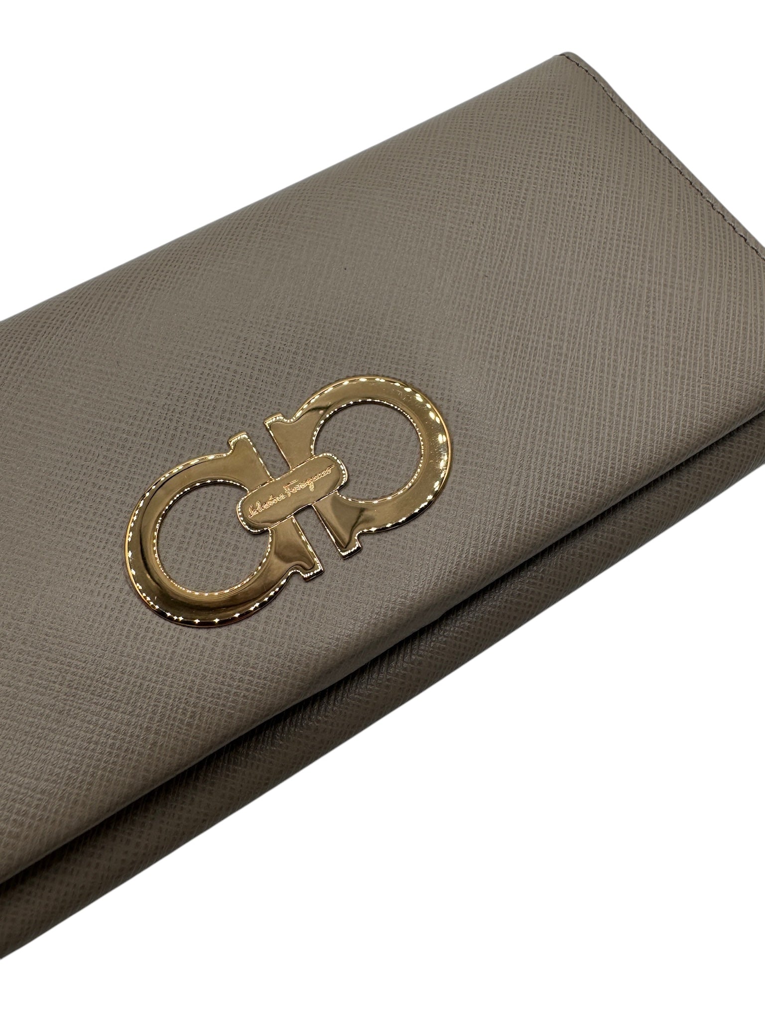 PRE-OWNED SF Gancini Long Wallet Gray Beige Leather