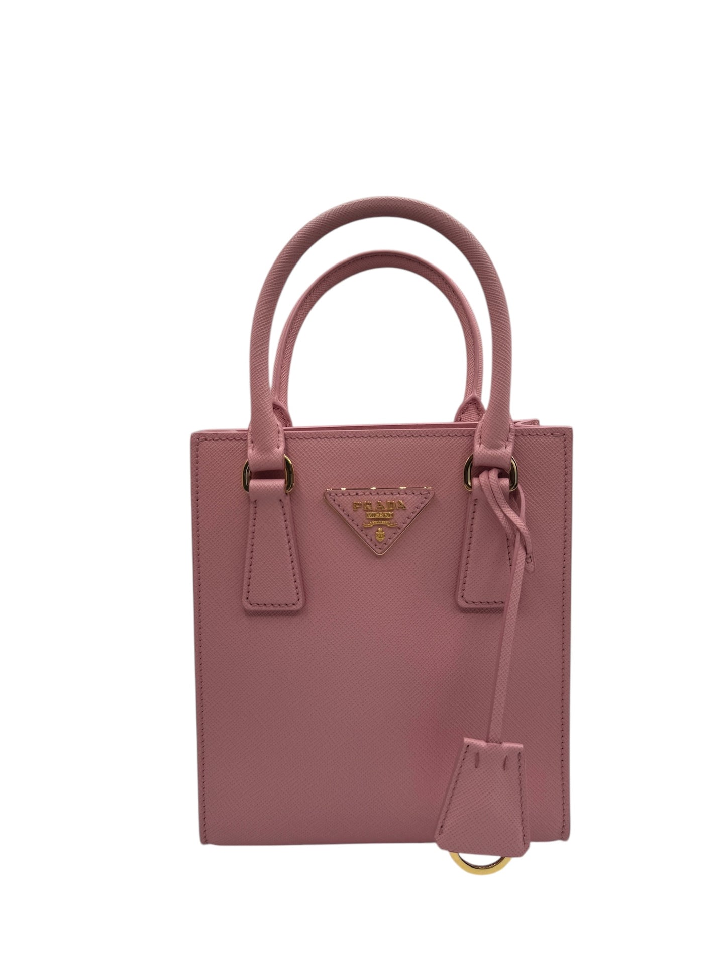 Bolso de mano con logotipo triangular de segunda mano Bolso de hombro de piel saffiano rosa