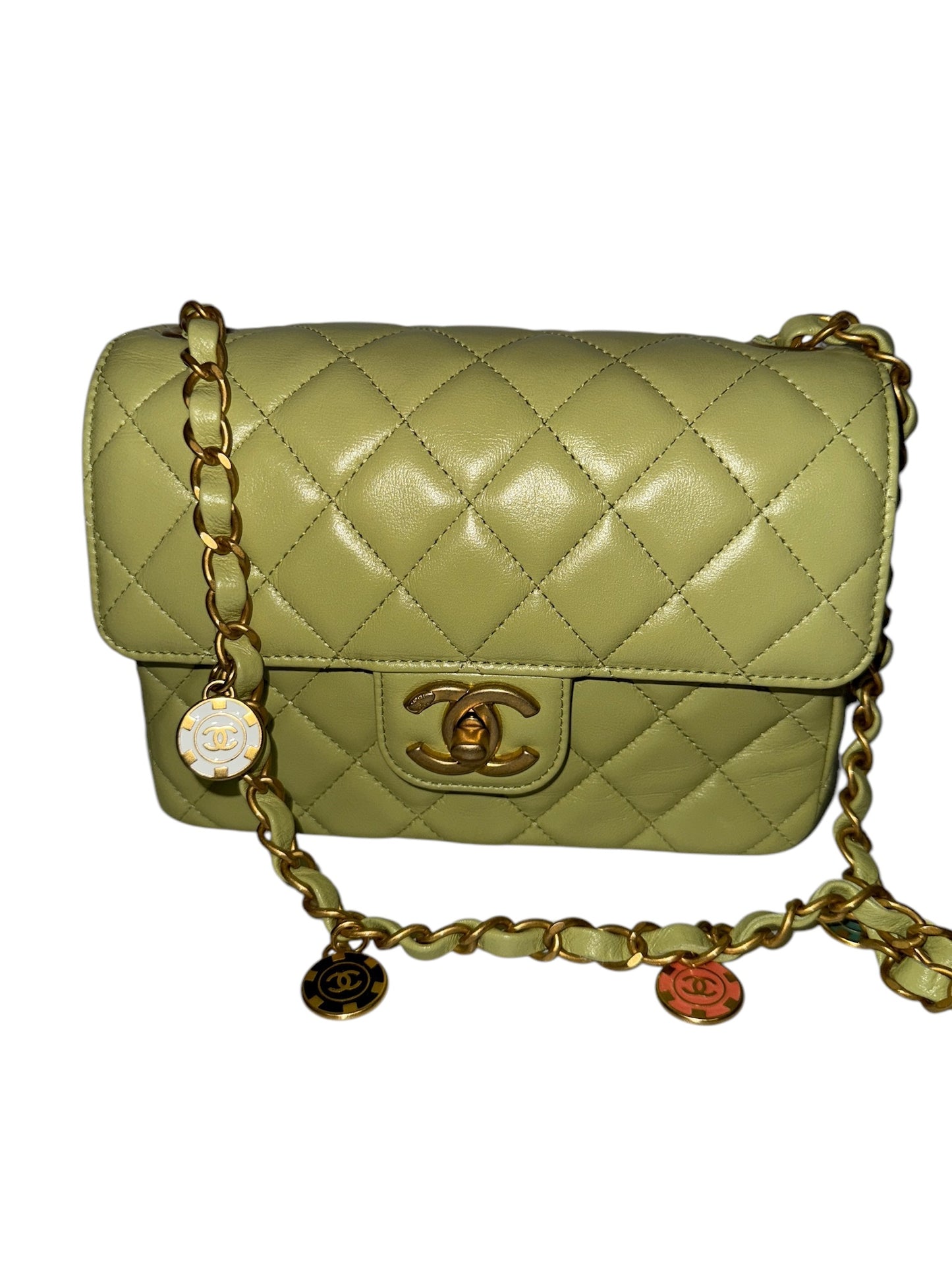 PRE-OWNED CC Green Quilted Lambskin Coin Chain Mini Flap Bag