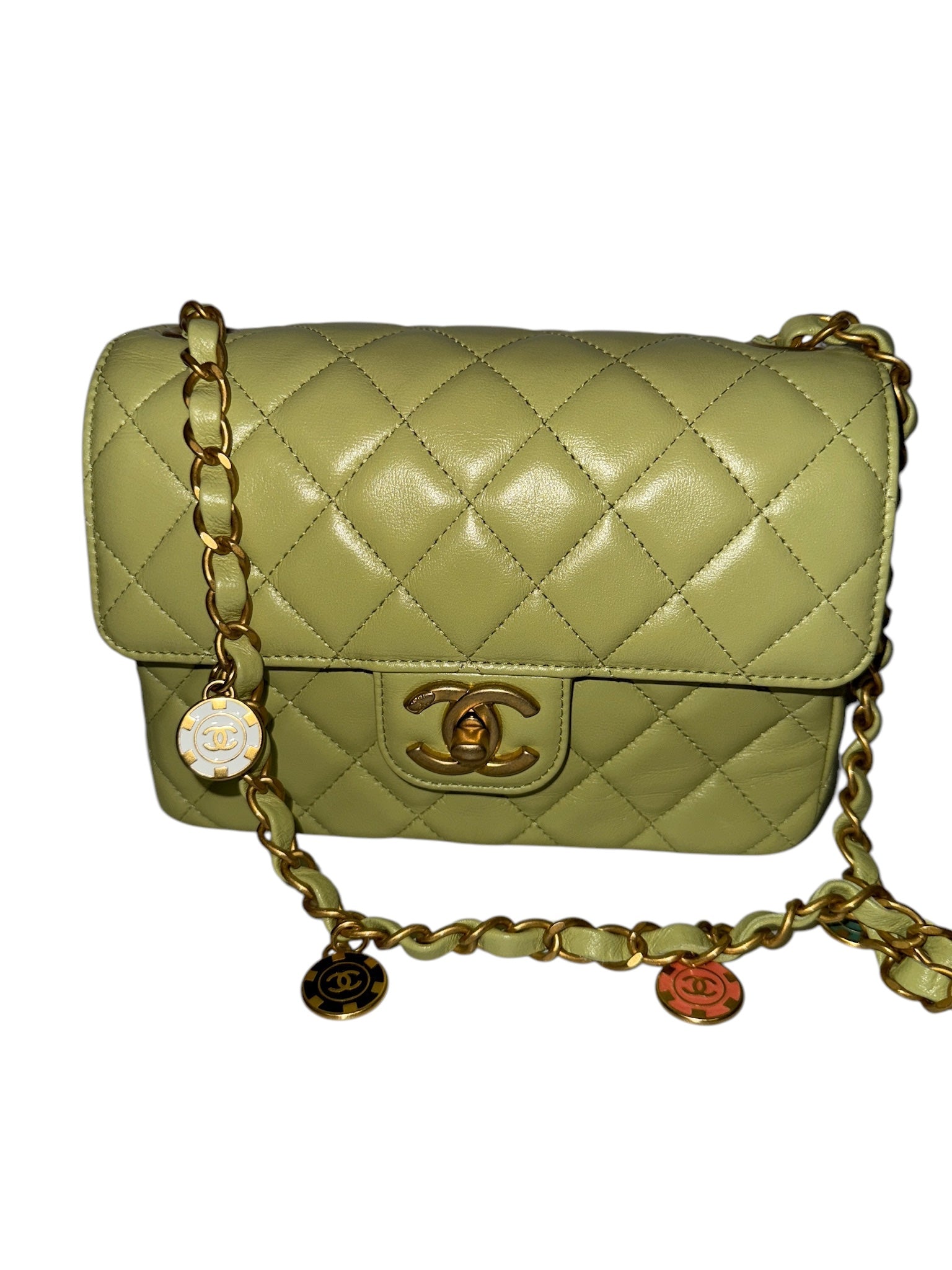 Bolso mini con solapa y cadena para monedas de piel de cordero acolchada verde CC USADO