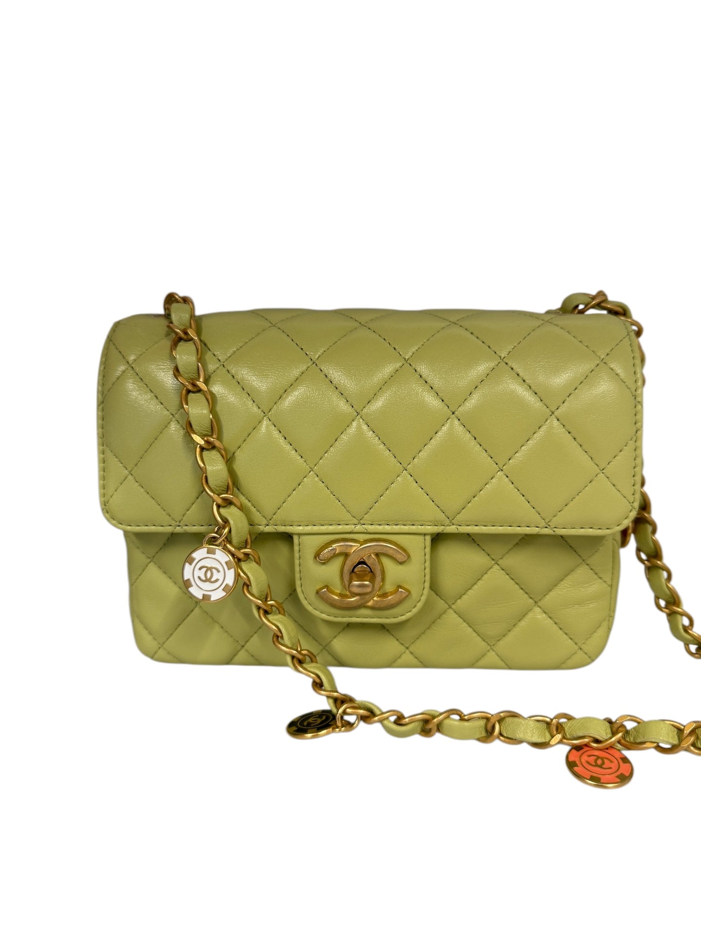 PRE-OWNED CC Green Quilted Lambskin Coin Chain Mini Flap Bag