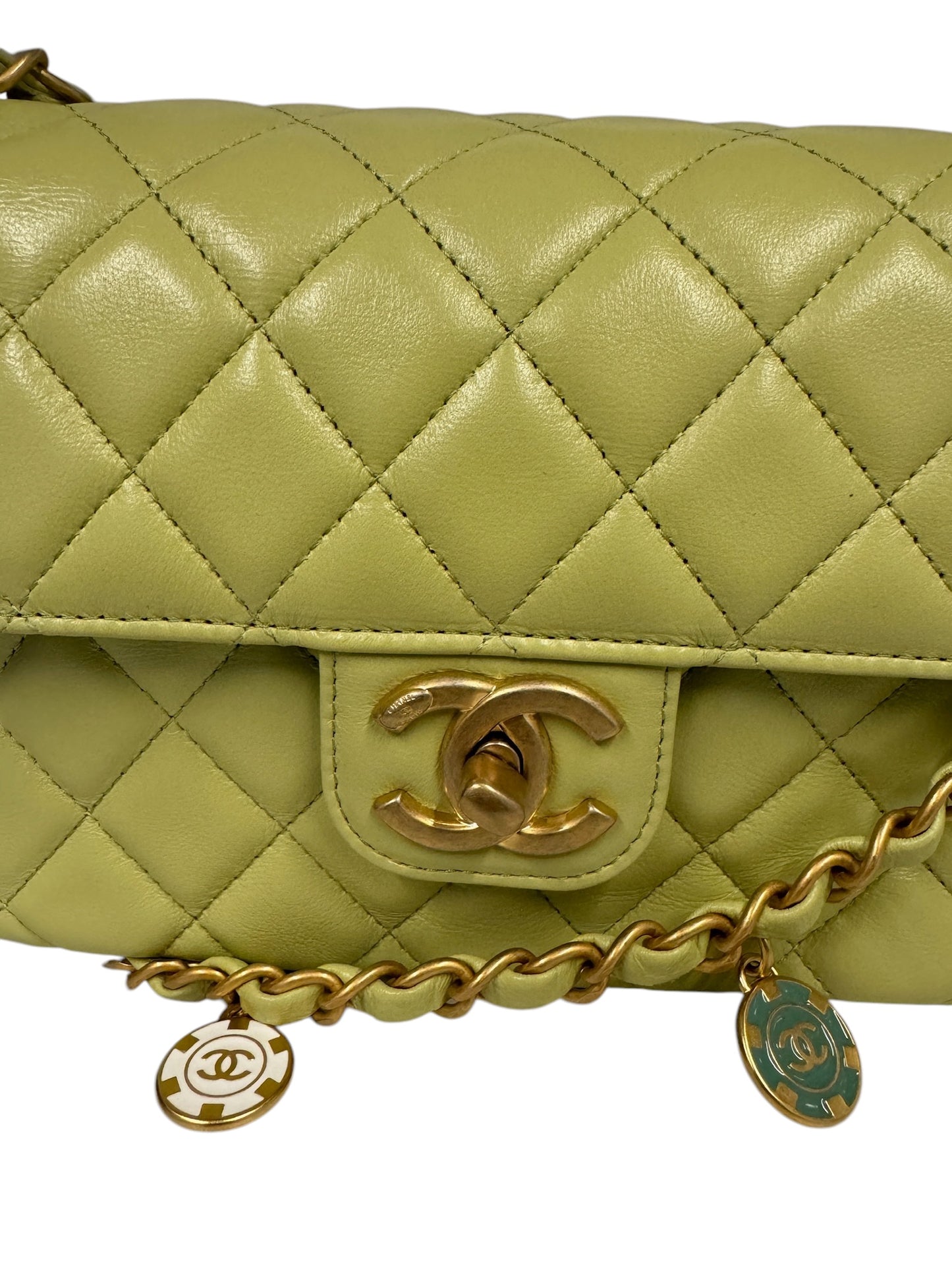 PRE-OWNED CC Green Quilted Lambskin Coin Chain Mini Flap Bag