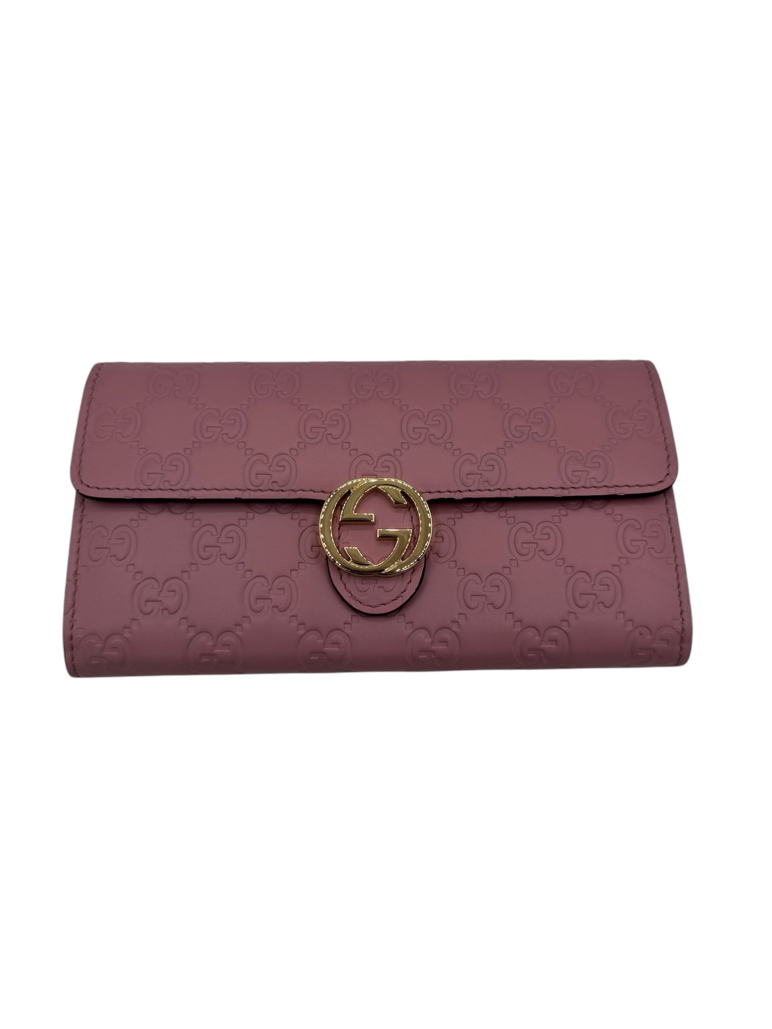 Cartera larga de piel de becerro rosa GG de segunda mano