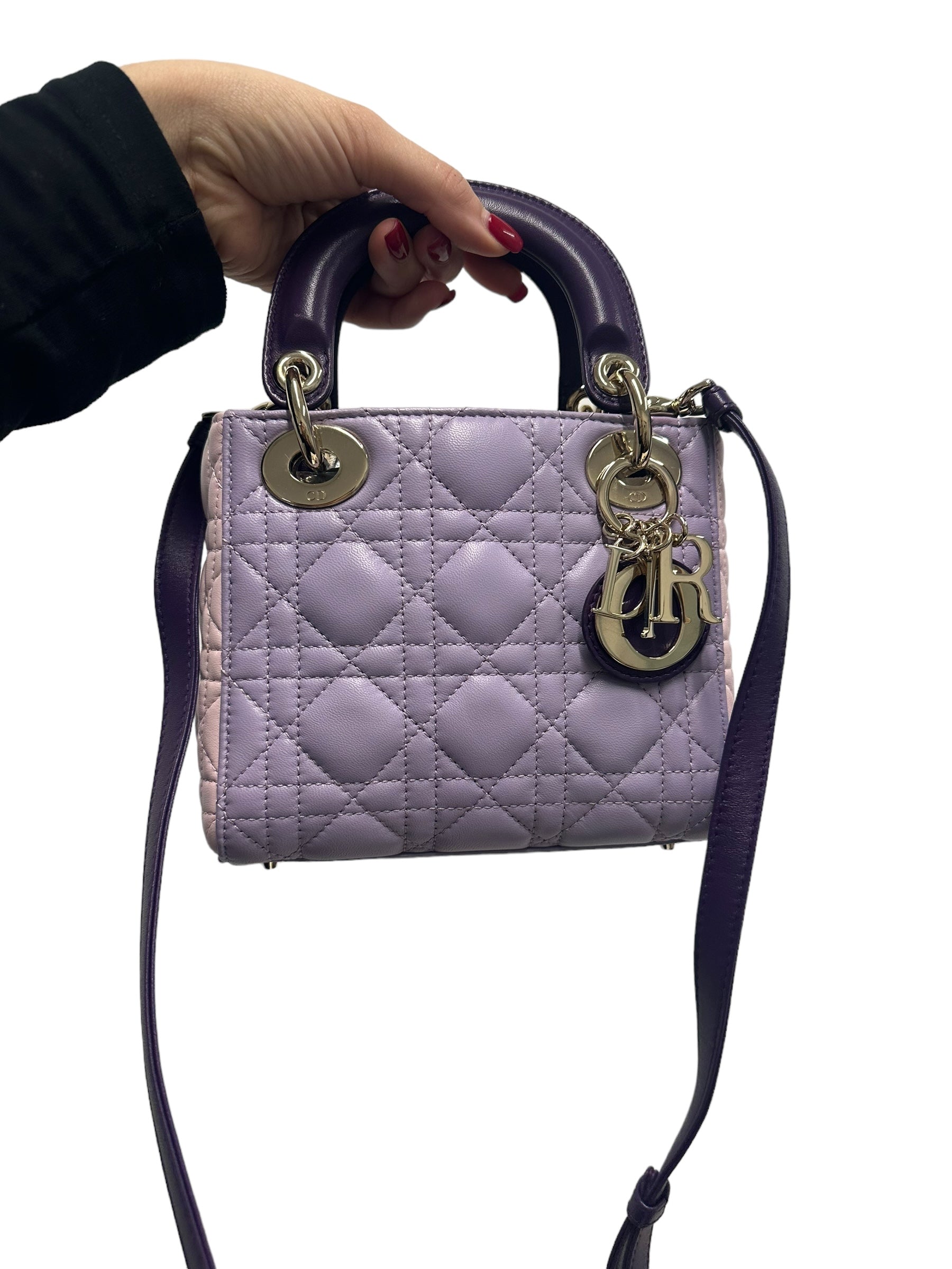 DIOR - Mini Lady Dior tricolor de piel de cordero color lila, rosa y violeta