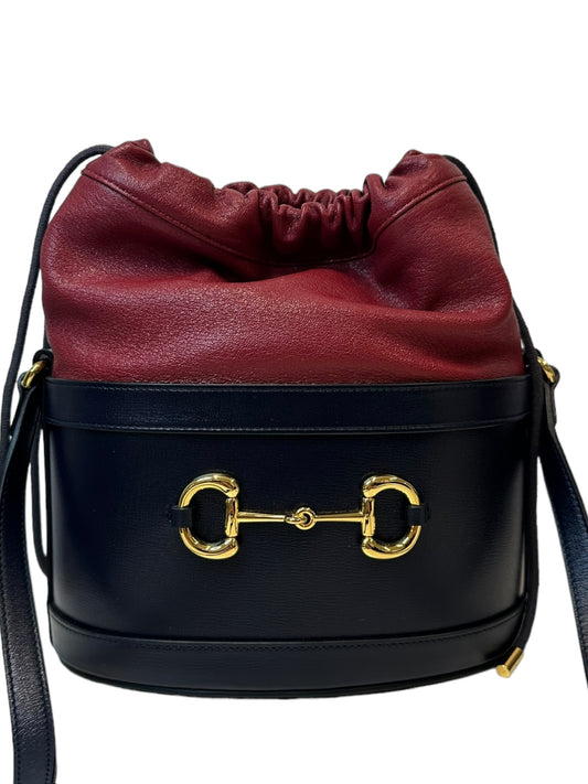 GUCCI - Navy Red Leather 1955 Horsebit Bucket Bag