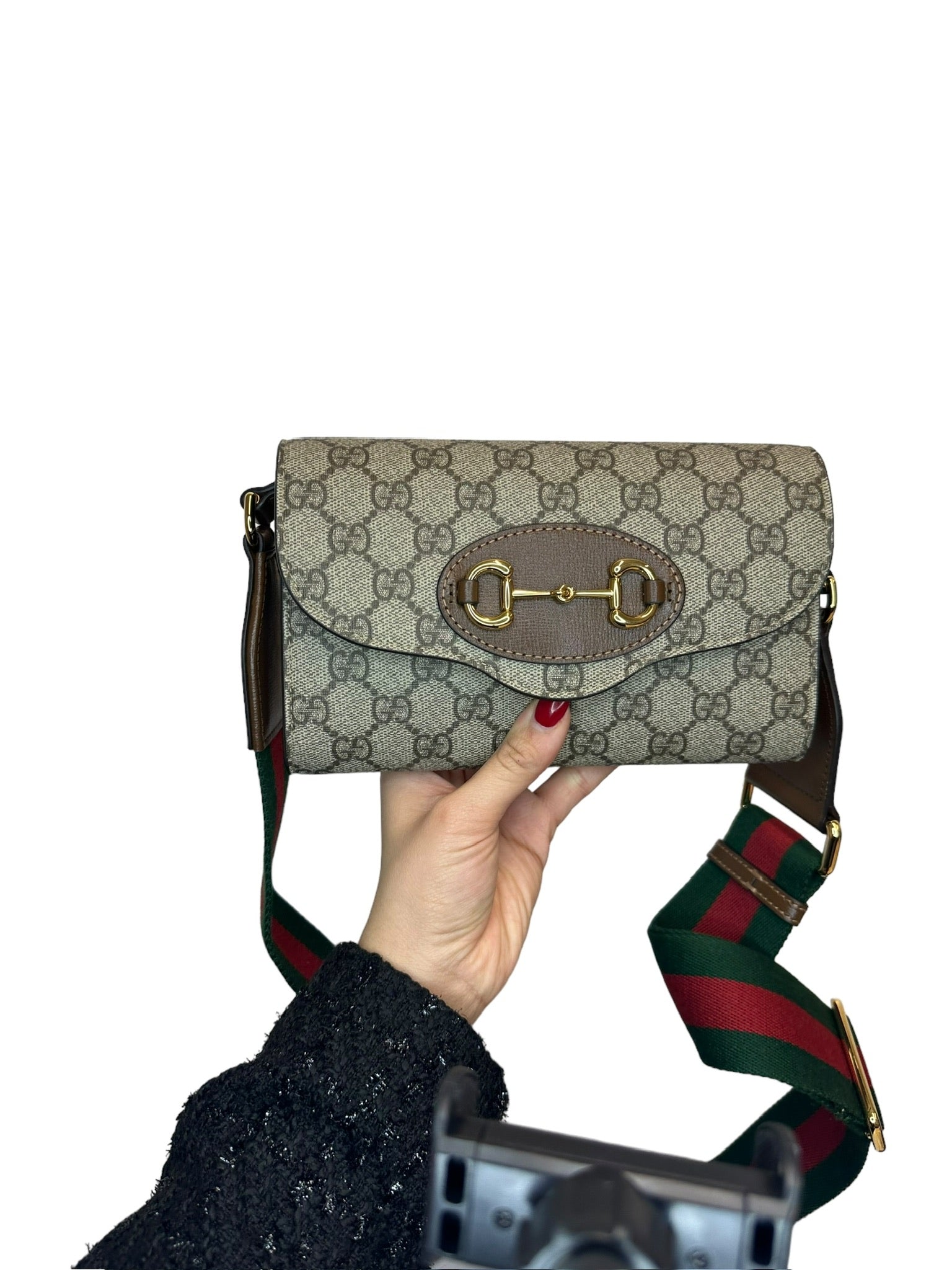 GUCCI - Bolso de mano con cadena mini GG Supreme Horsebit 1955 en color beige