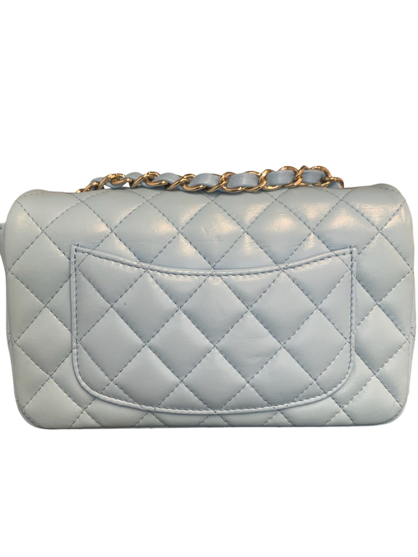 PRE-OWNED Chanel Light Blue Quilted Lambskin Mini Rectangular Flap Bag