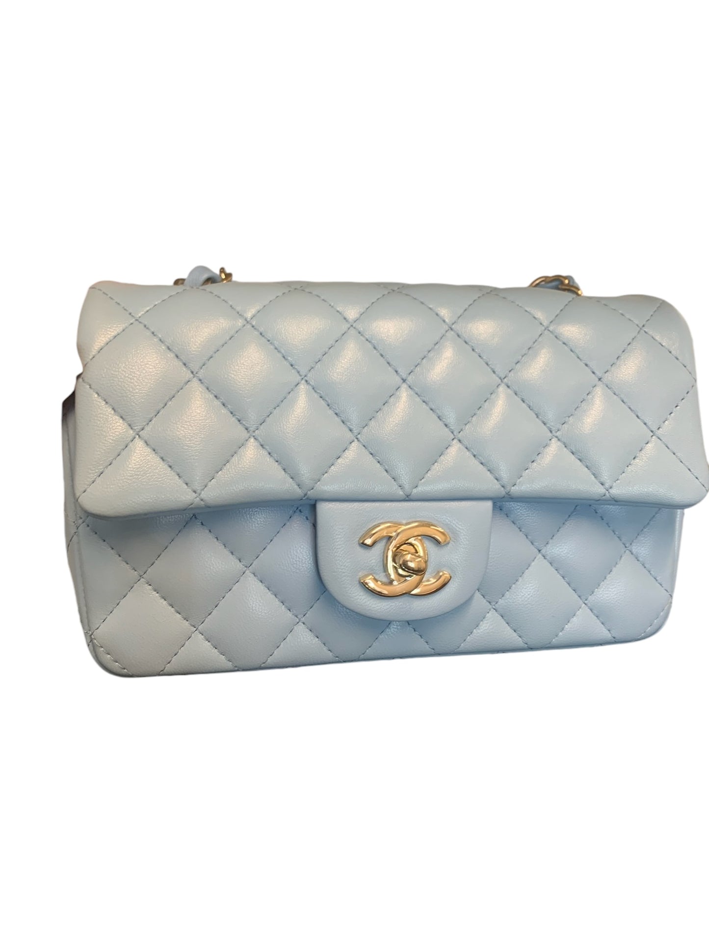 PRE-OWNED Chanel Light Blue Quilted Lambskin Mini Rectangular Flap Bag