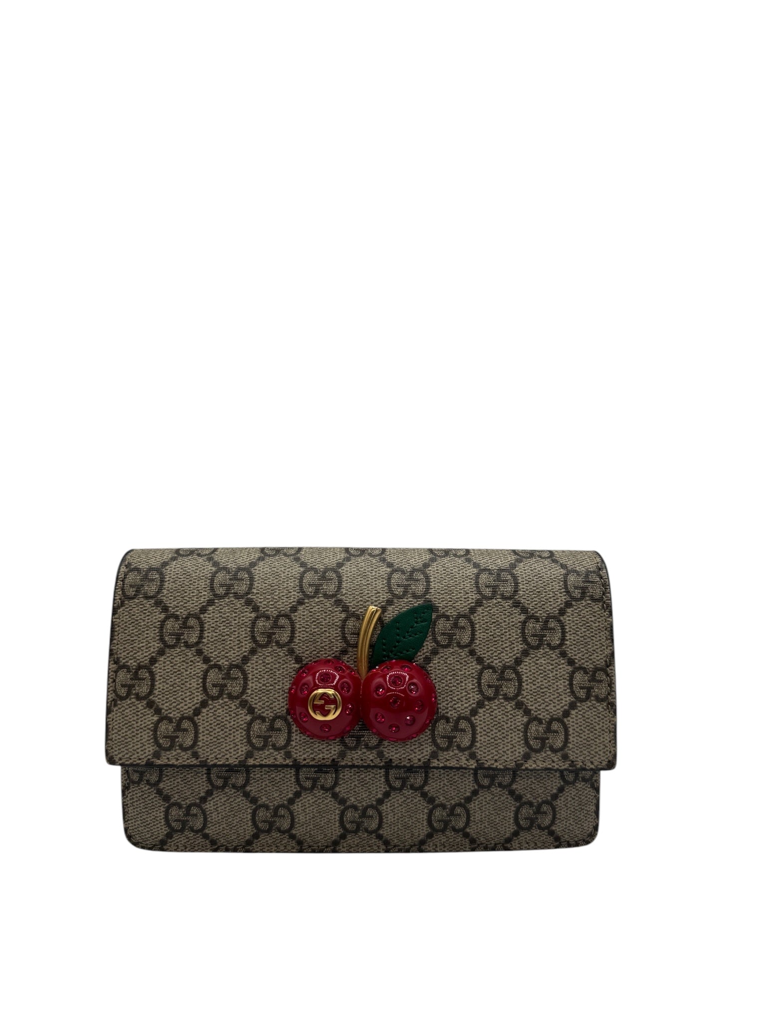Cartera pequeña de lona revestida Cherries GG con cadena de segunda mano