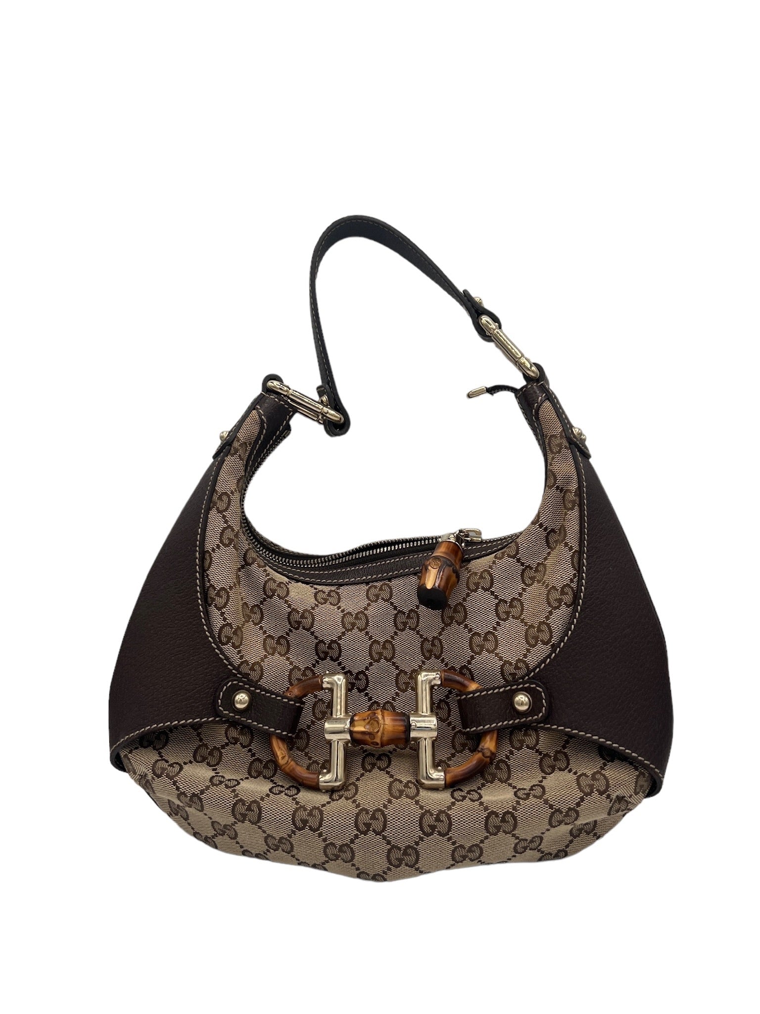 GUCCI - Bolso de hombro tipo hobo pequeño Amalfi de lona con GG y diseño de bambú