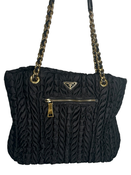 PRADA - Black Nylon Ruched Chain Tote