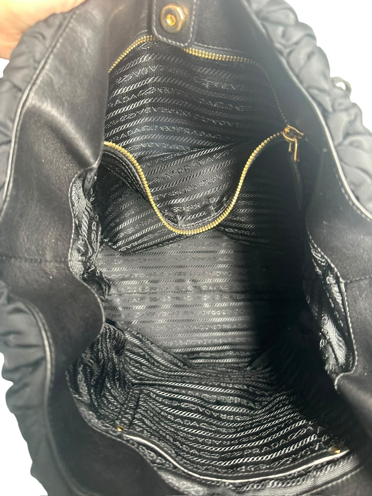 PRADA - Black Nylon Ruched Chain Tote