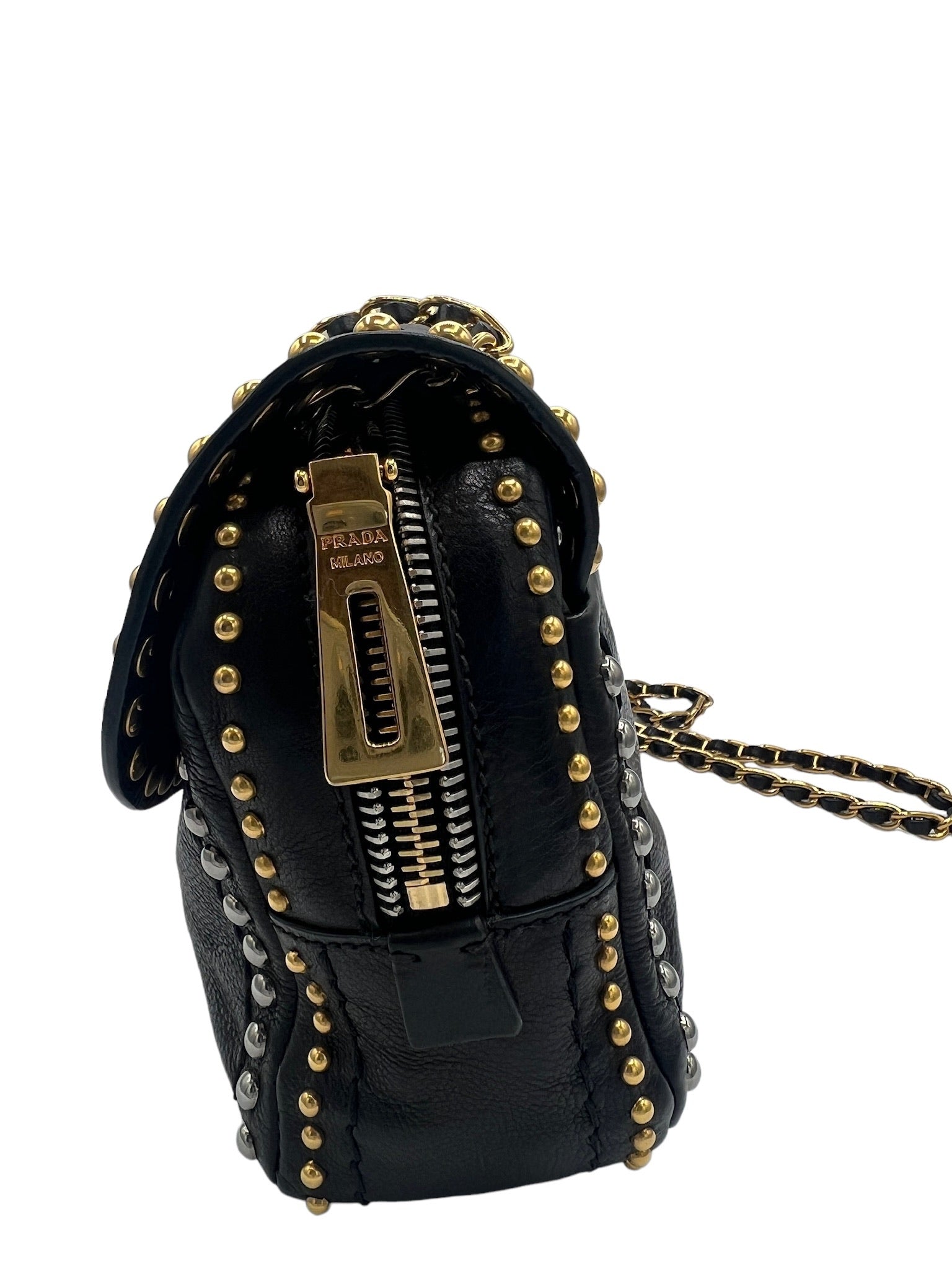 PRADA - Black Glace Calf Studded Pushlock Chain Shoulder Bag