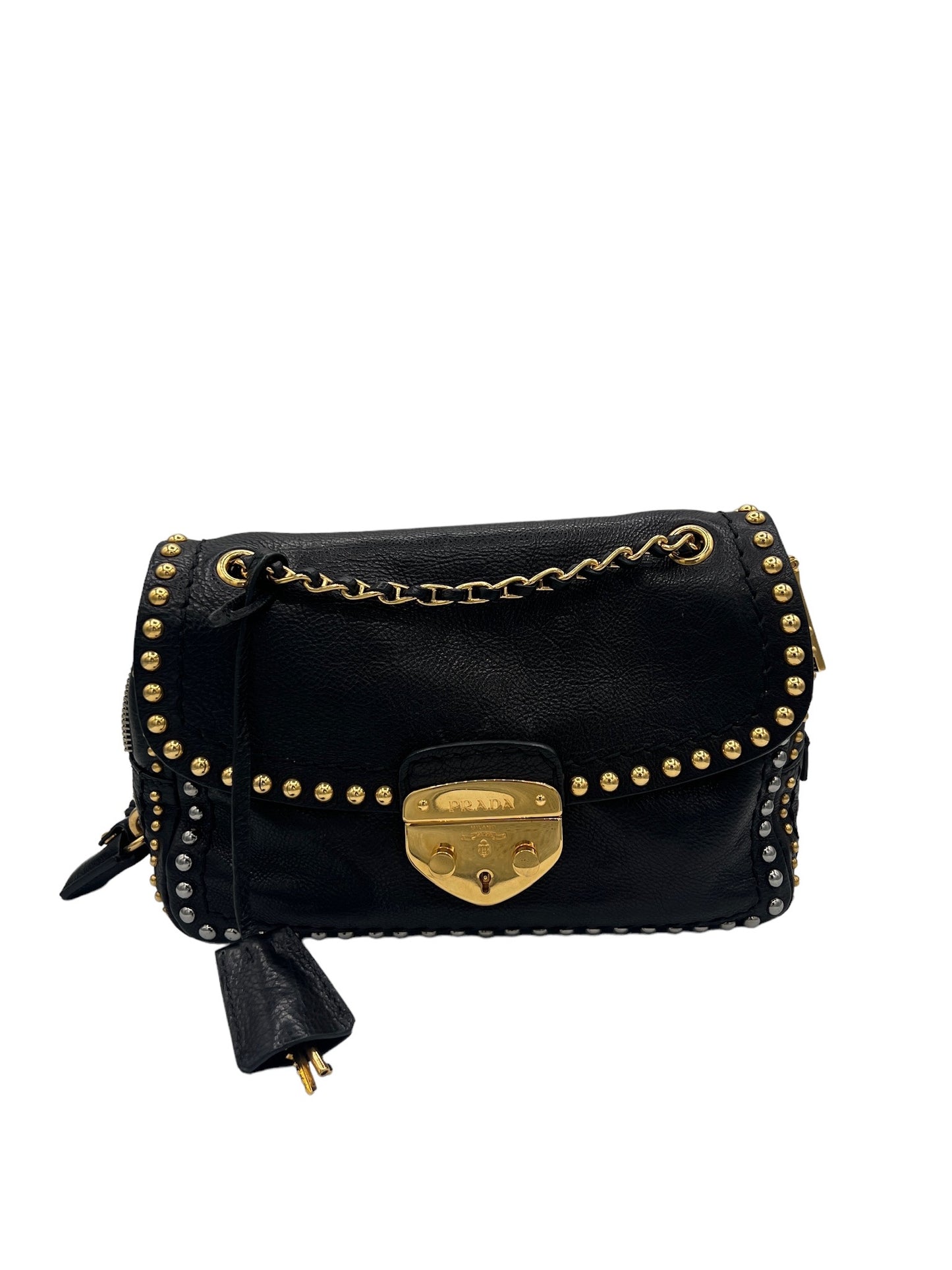 PRADA - Black Glace Calf Studded Pushlock Chain Shoulder Bag