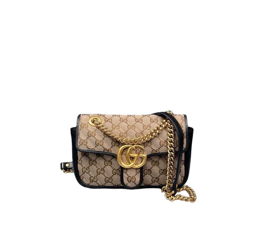 PRE-OWNED GG Quilted GG Black and Beige Marmont Shoulder Bag