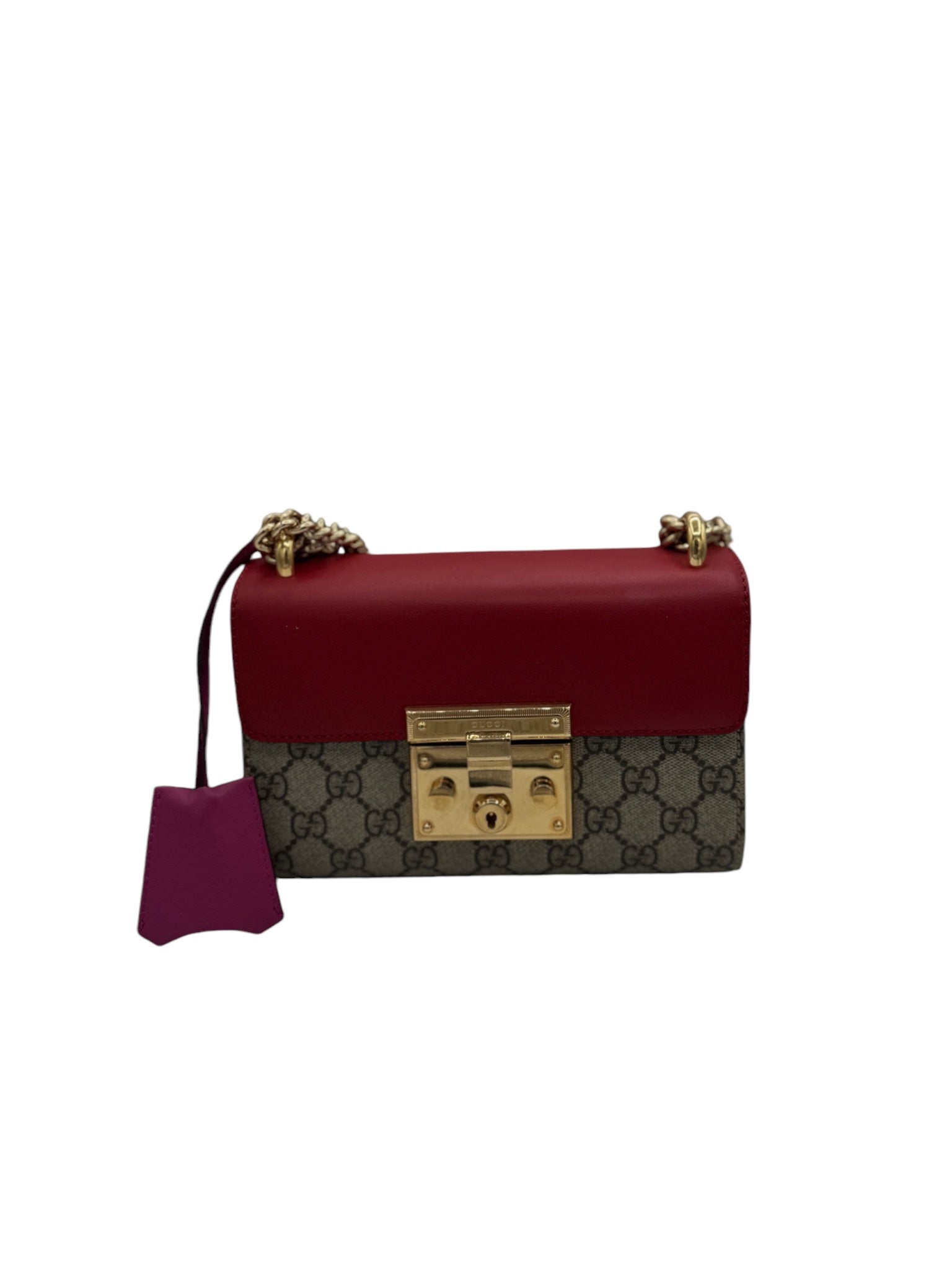 Bolso de hombro con cadena GG Supreme en color rojo, beige y rosa de segunda mano