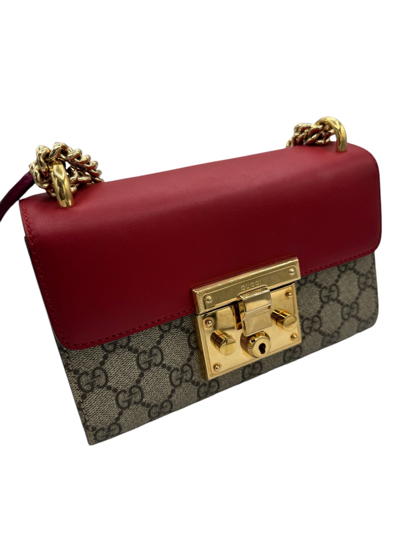 Bolso de hombro con cadena GG Supreme en color rojo, beige y rosa de segunda mano