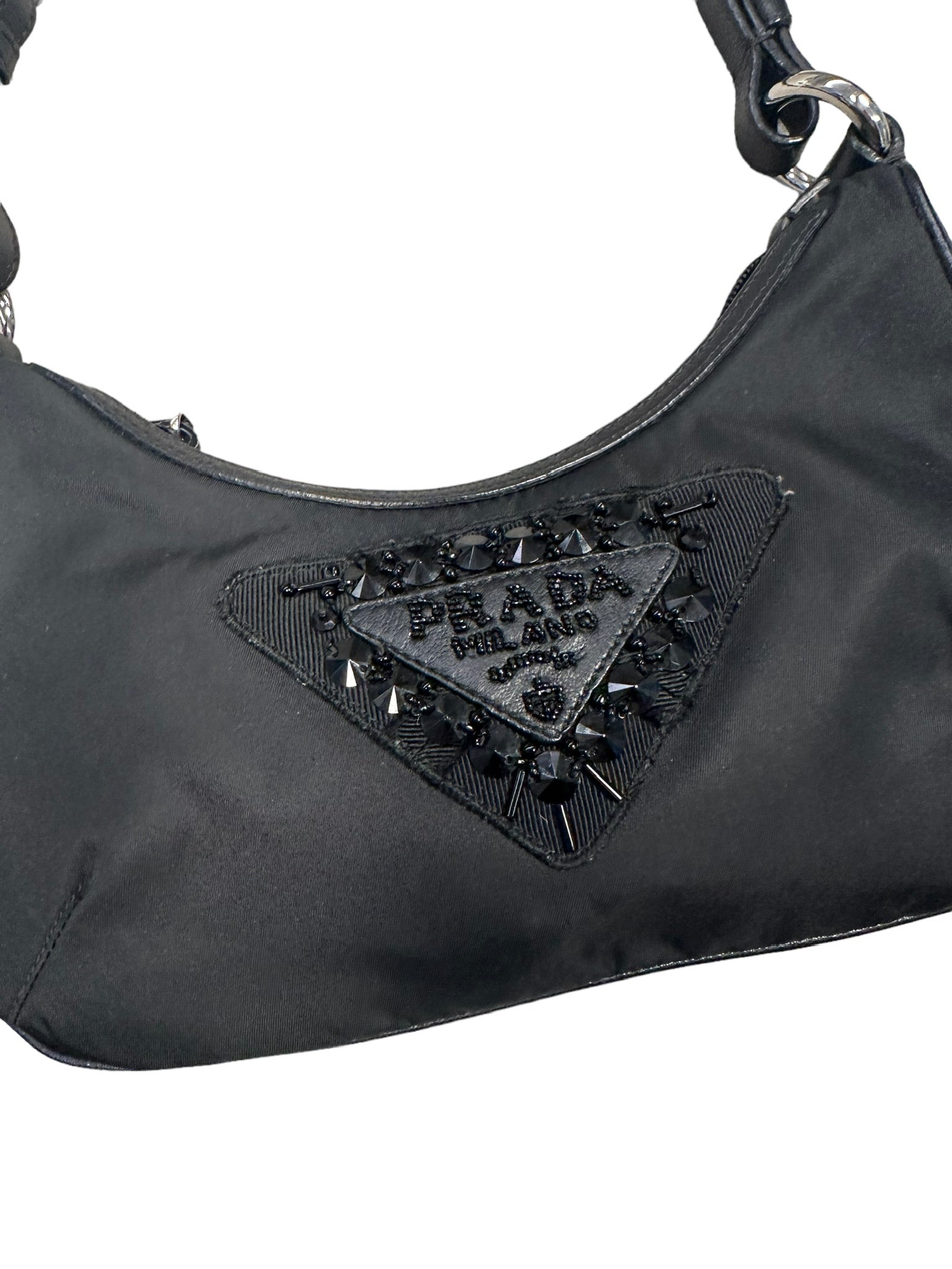 PRADA - Black Nylon Beaded Logo Pochette