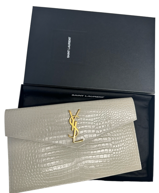 SAINT LAURENT - Blanc Vintage Shiny Crocodile Embossed Uptown Pouch