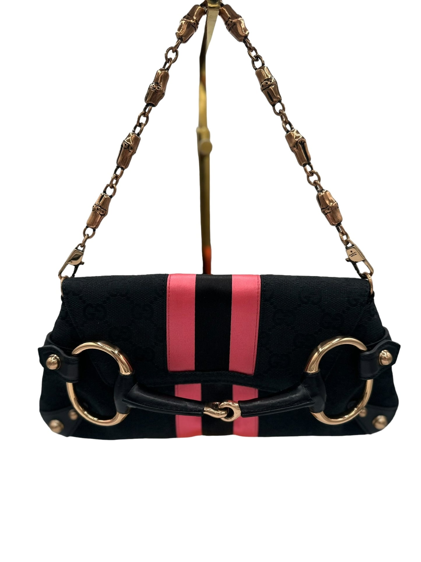 GUCCI - Horsebit GG Handbag Black Pink Jacquard Satin Leather