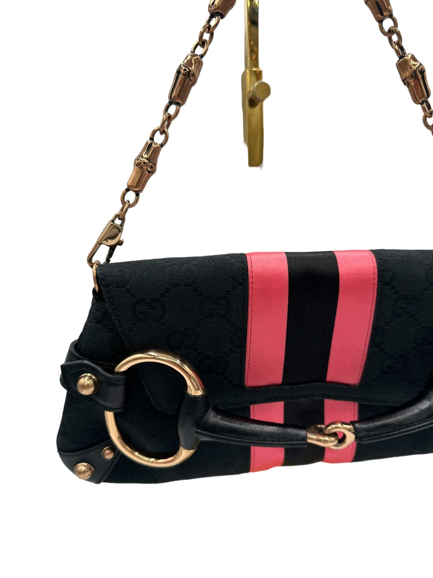 GUCCI - Horsebit GG Handbag Black Pink Jacquard Satin Leather