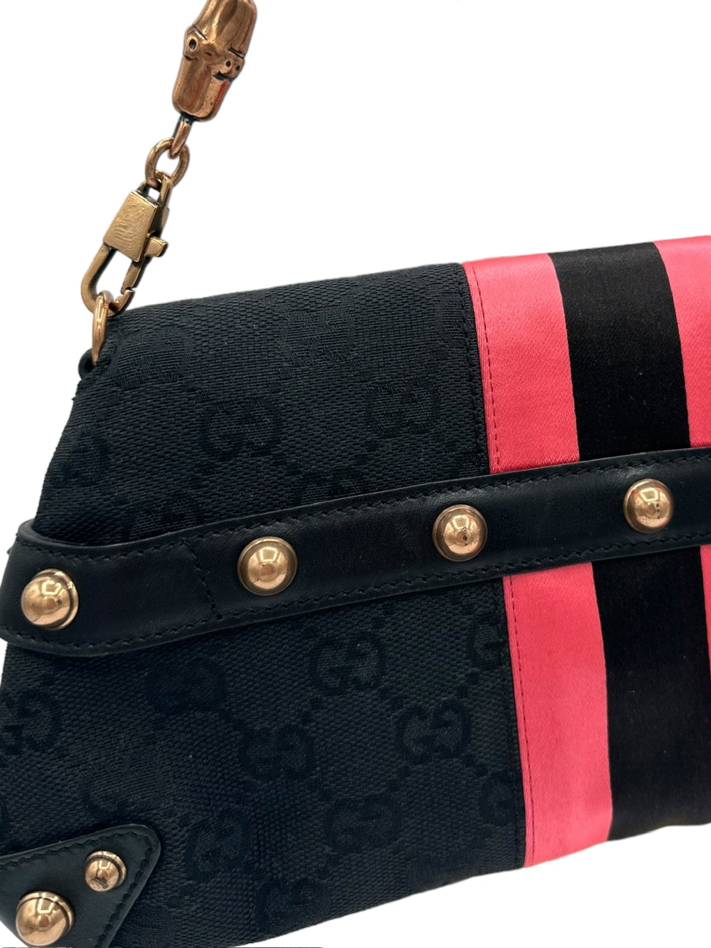 GUCCI - Horsebit GG Handbag Black Pink Jacquard Satin Leather