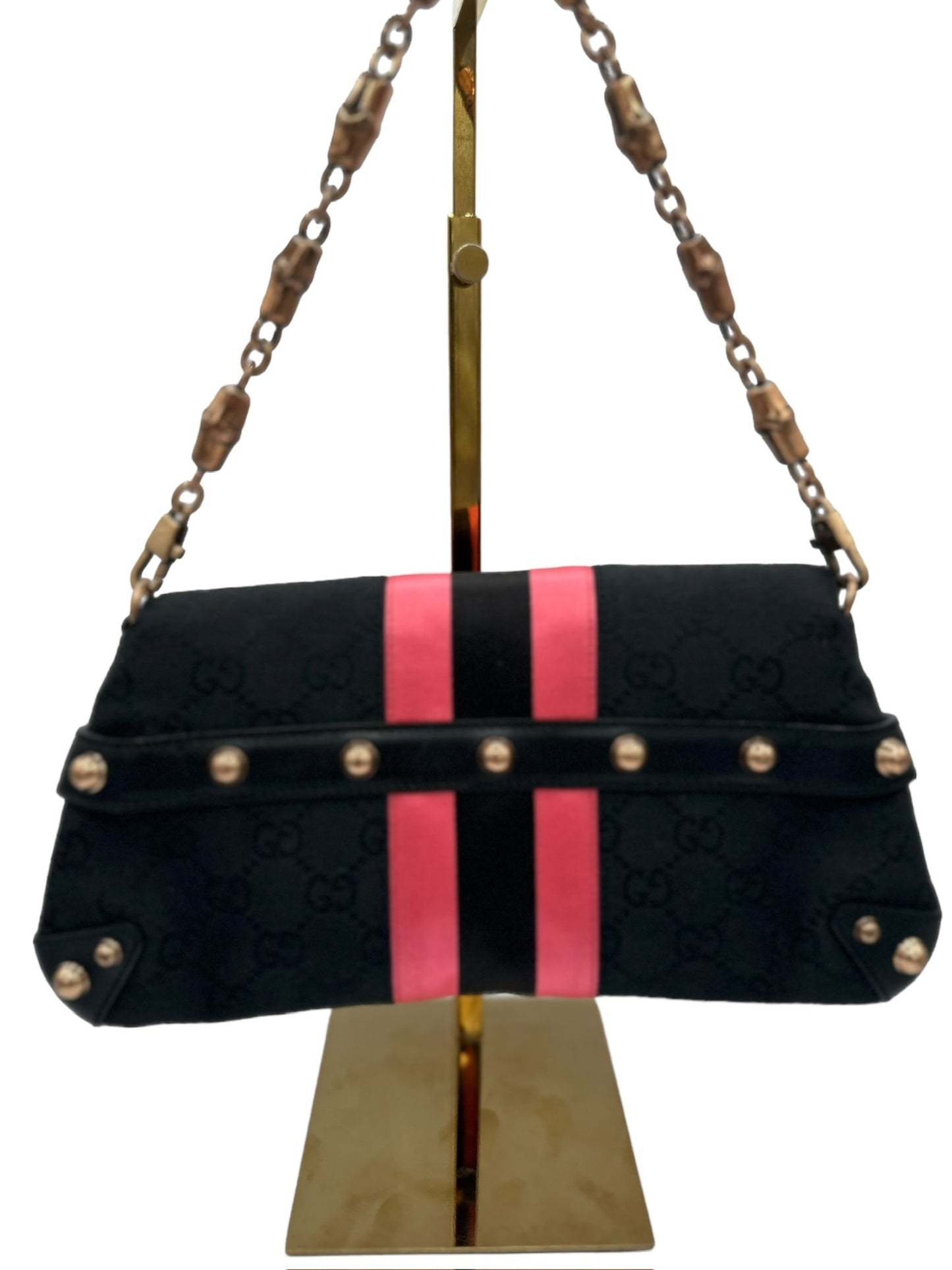 GUCCI - Horsebit GG Handbag Black Pink Jacquard Satin Leather