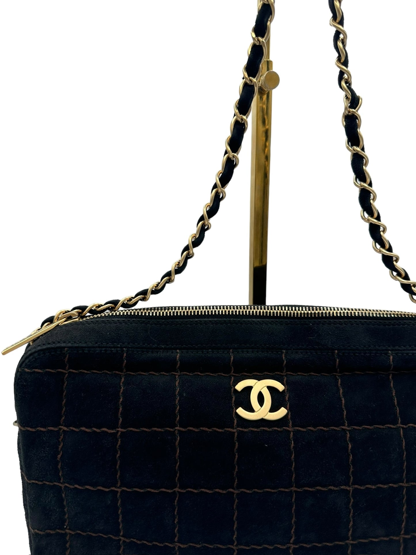 CHANEL - Chocolate Bar Shoulder Bag Black Dark Brown Suede