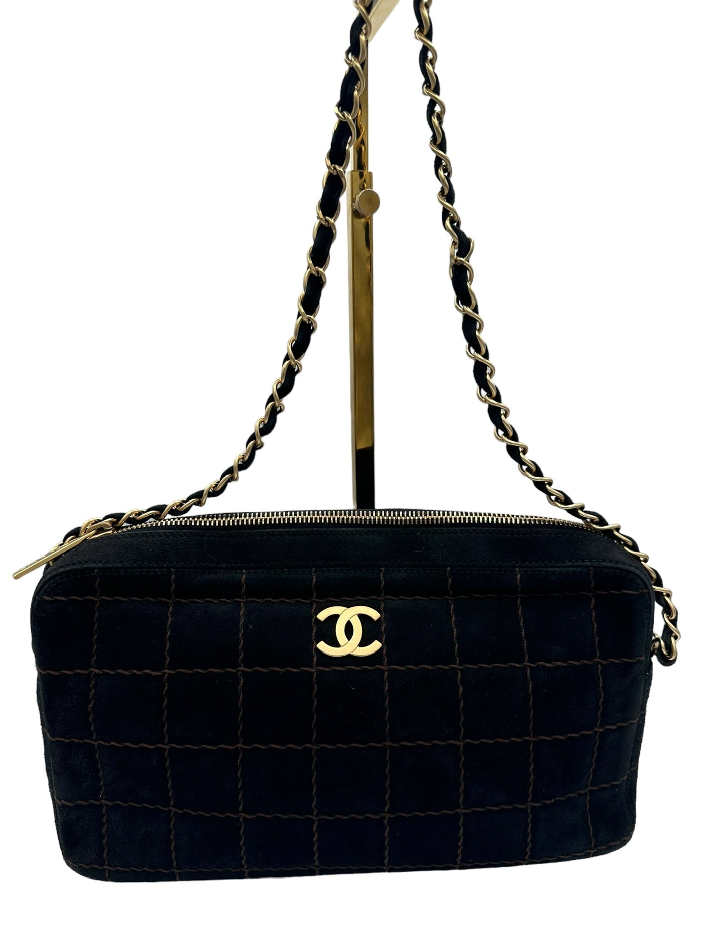 CHANEL - Chocolate Bar Shoulder Bag Black Dark Brown Suede