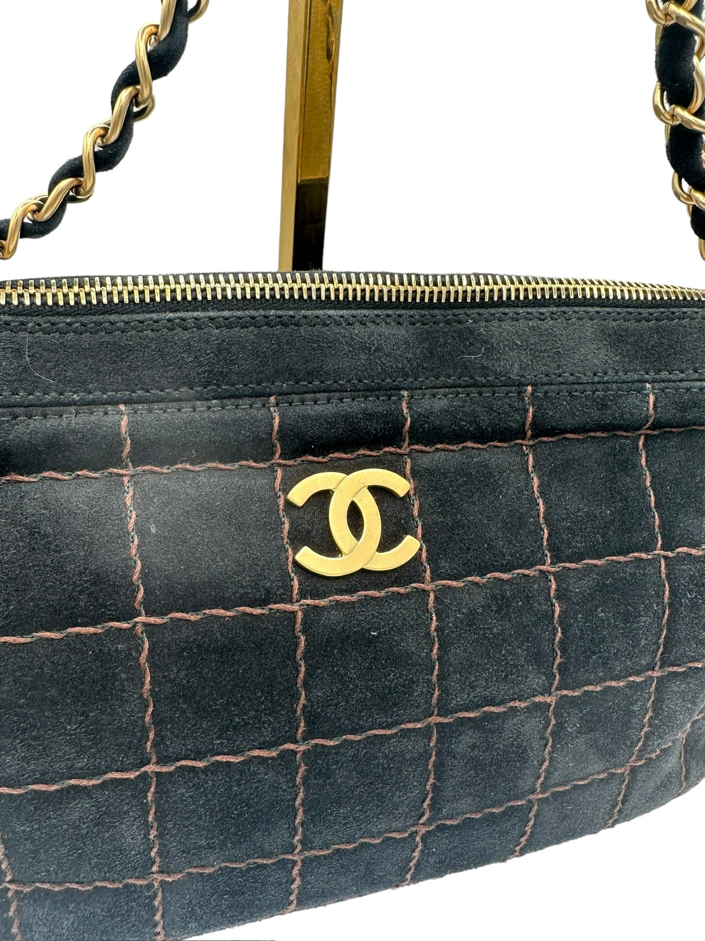 CHANEL - Chocolate Bar Shoulder Bag Black Dark Brown Suede