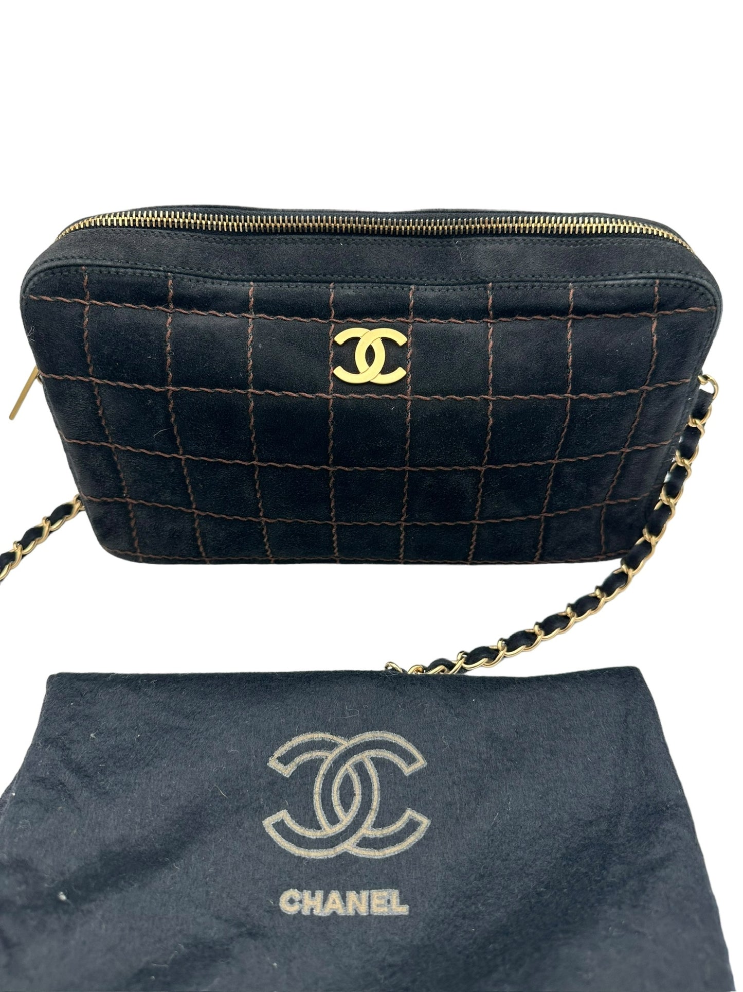 CHANEL - Chocolate Bar Shoulder Bag Black Dark Brown Suede