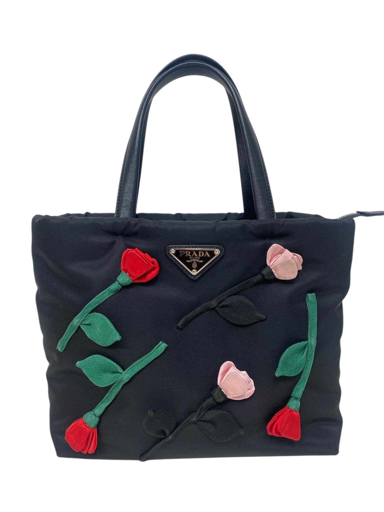 PRE-OWNED Black Tessuto Fiore Applique Zip Tote Bag