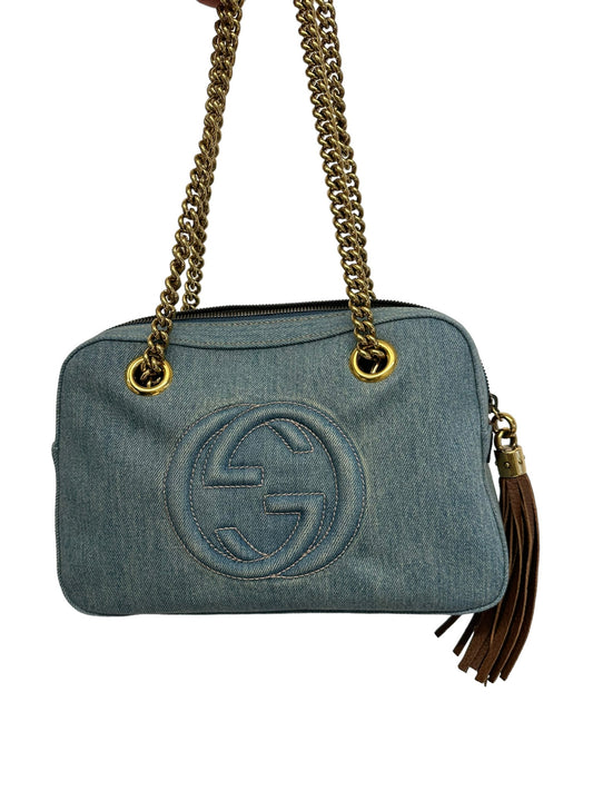 GUCCI - Blue Denim Small Soho Chain Bowler Bag