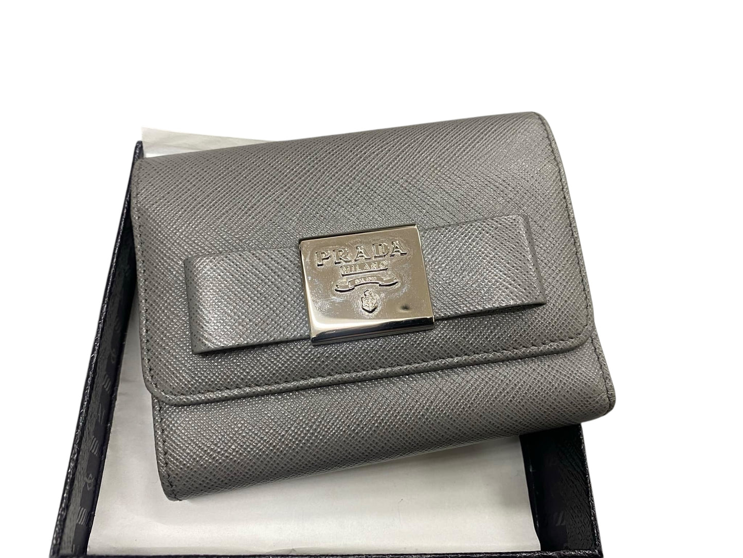 PRE-OWNED Grey Saffiano Lux Leather Compact Wallet