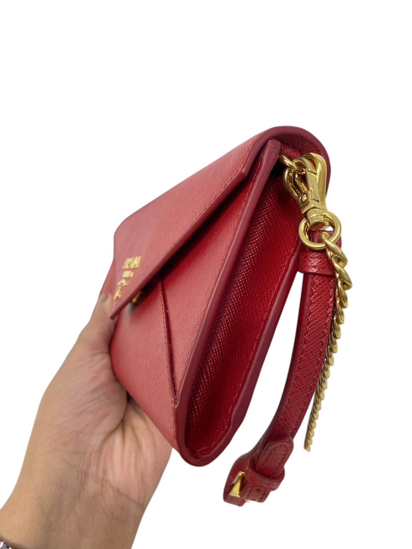 PRE-OWNED Red Saffiano Leather Envelope Wallet On Chain